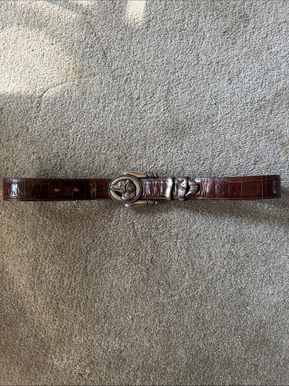 Brighton Dark Brown Croc-Embossed Leather Belt with Silver Western Buckle